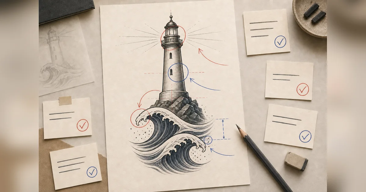 Tattoo artist brief workspace with a lighthouse concept, notes, and revision marks