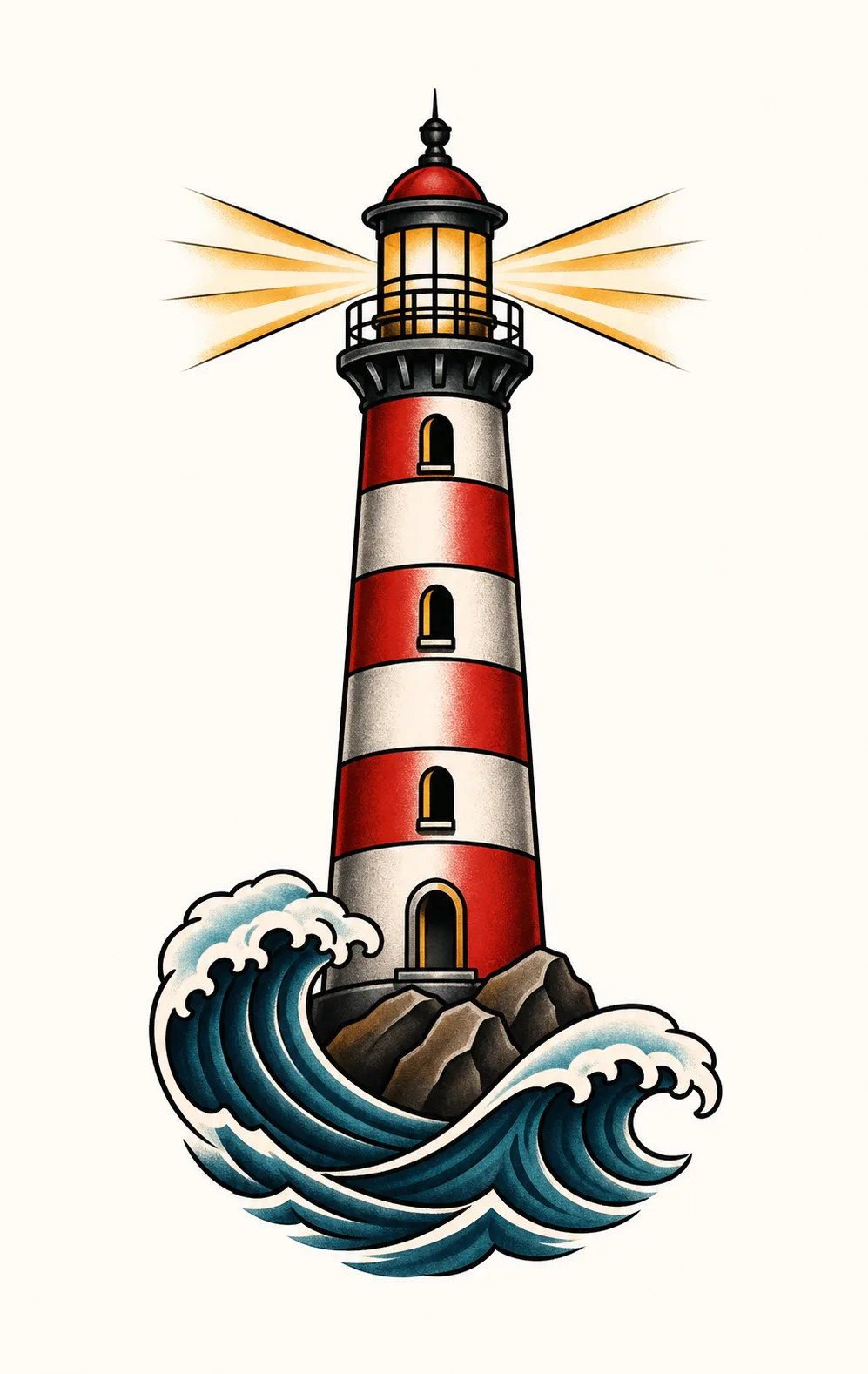 AI-generated color lighthouse concept above two waves, prepared as a visual reference for a tattoo artist brief