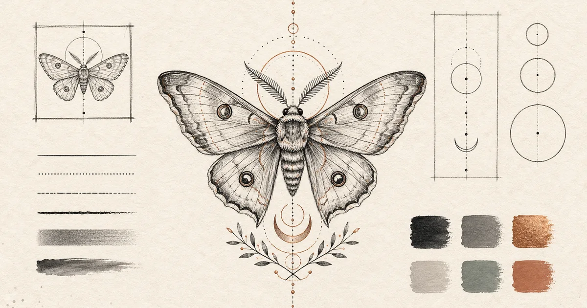 AI tattoo prompt planning board with a moth concept and five visual input cues