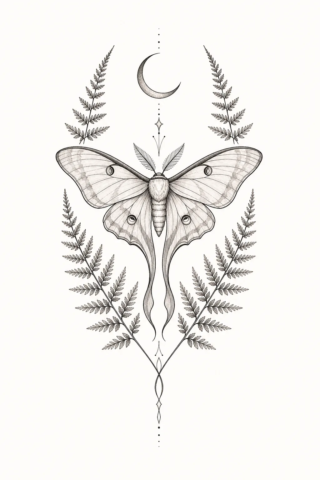 AI-generated fine-line moth concept with a crescent and fern leaves in a vertical black-and-grey composition