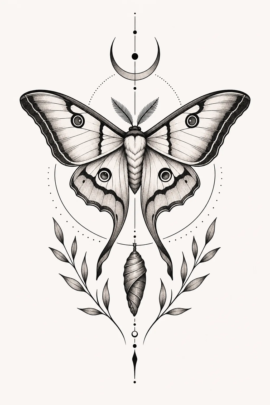 AI-generated moth concept from a vague input, with an invented crescent, leaves, dots, and ornamental axis