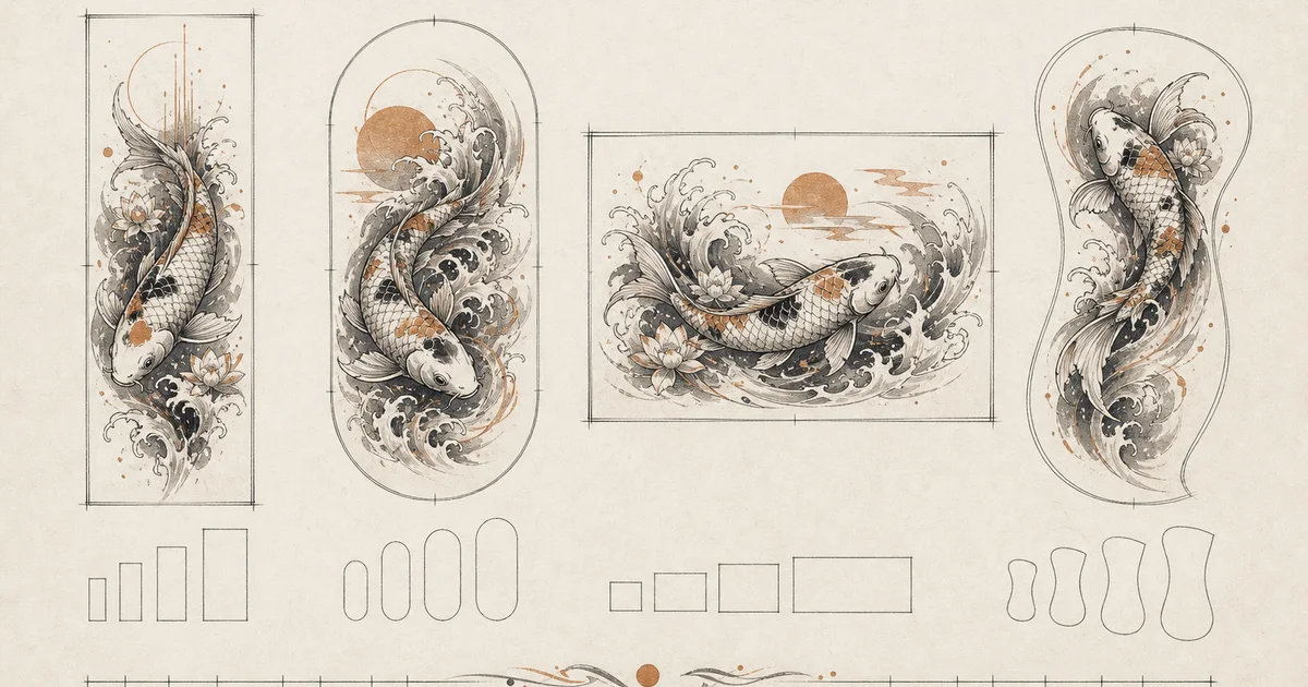 Koi tattoo concept shown in vertical, rounded, broad, and curved composition frames