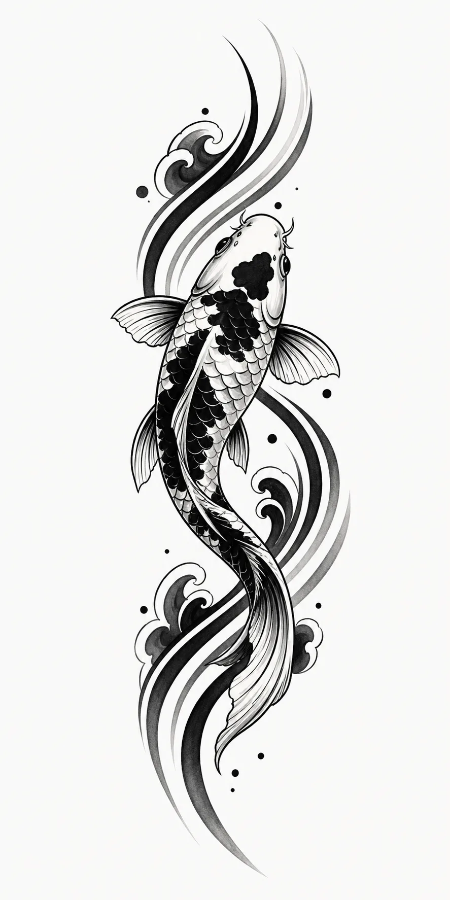 AI-generated blackwork koi concept in a narrow vertical composition for a forearm direction
