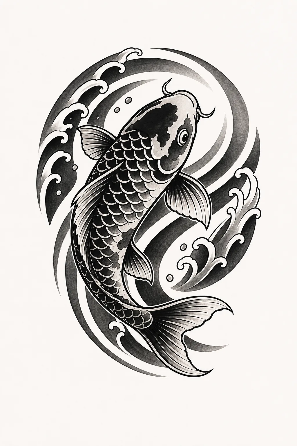 AI-generated blackwork koi concept in a rounded circular composition for an upper-arm and shoulder direction
