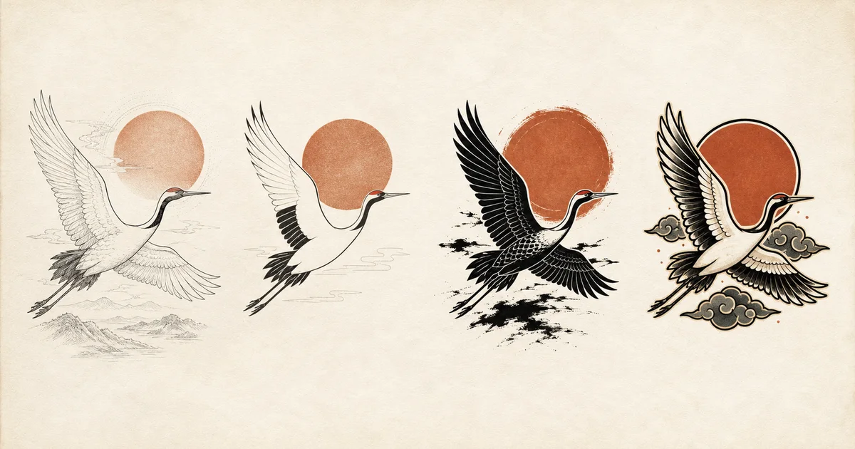 One crane tattoo concept explored through fine-line, minimalist, blackwork, and traditional visual directions
