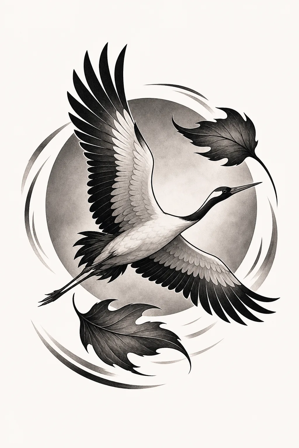 AI-generated blackwork crane concept with strong black wing shapes and a circular grey sun