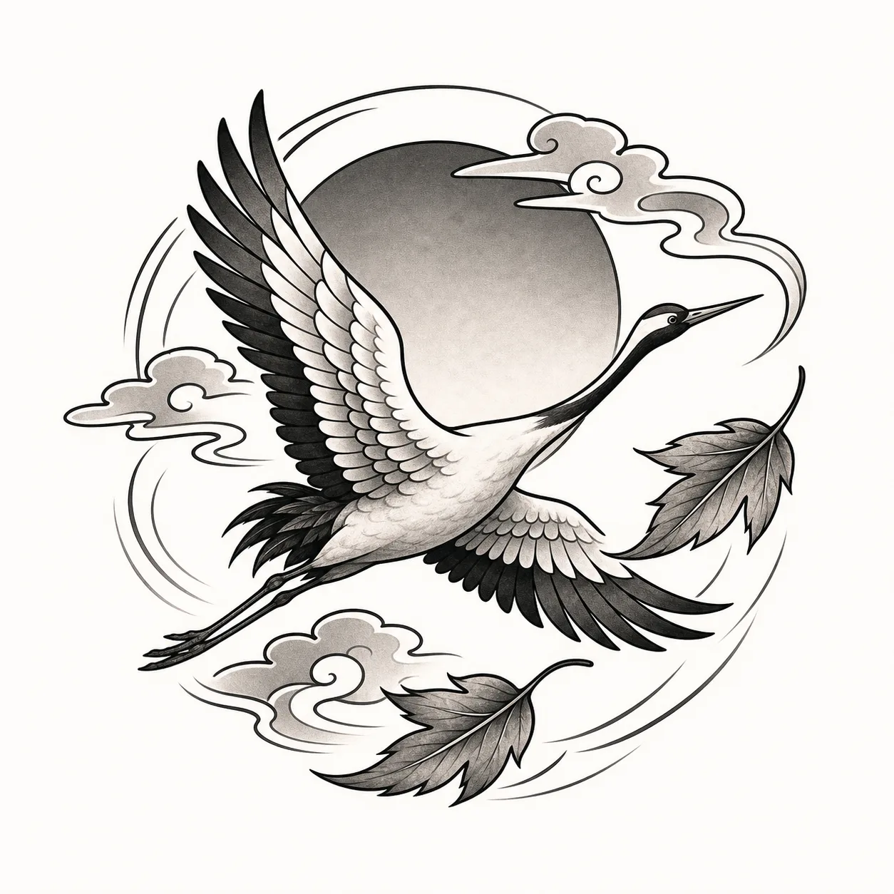 AI-generated traditional-direction crane concept with heavy outlines, open white areas, clouds, and a circular sun