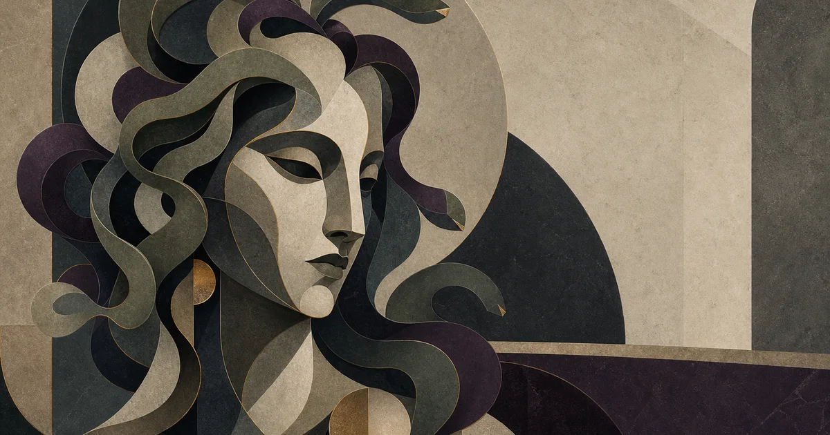 Abstract editorial portrait using stone shapes and serpentine lines to explore Medusa symbolism