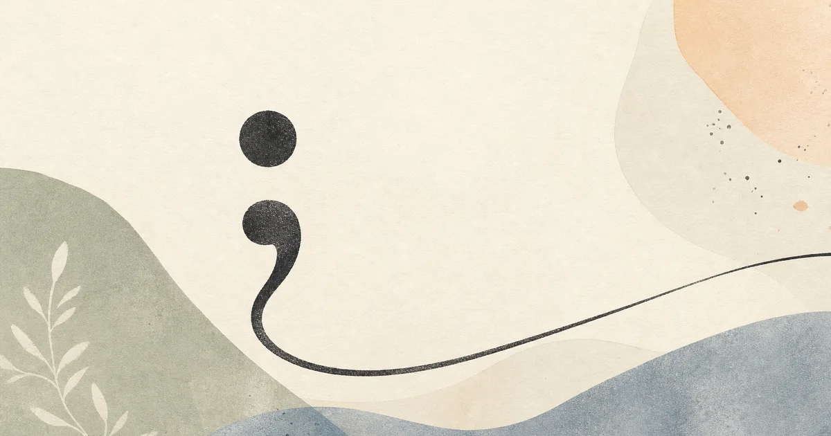 Restrained abstract editorial composition suggesting a semicolon and a continuing line