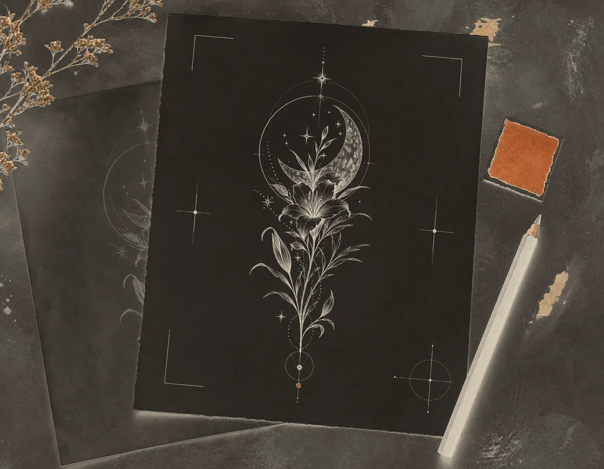 Private tattoo concept arranged as a clean visual brief for an artist