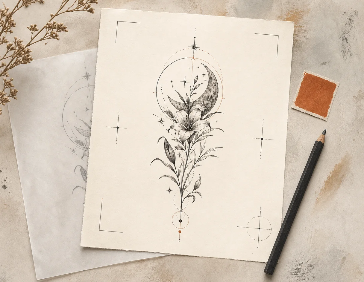 Private tattoo concept arranged as a clean visual brief for an artist