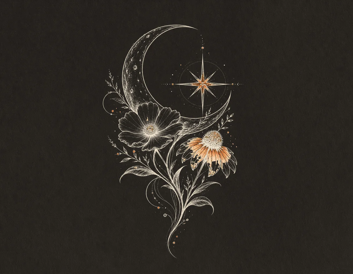 Tattoo concept sketch combining a crescent moon and wildflower motifs