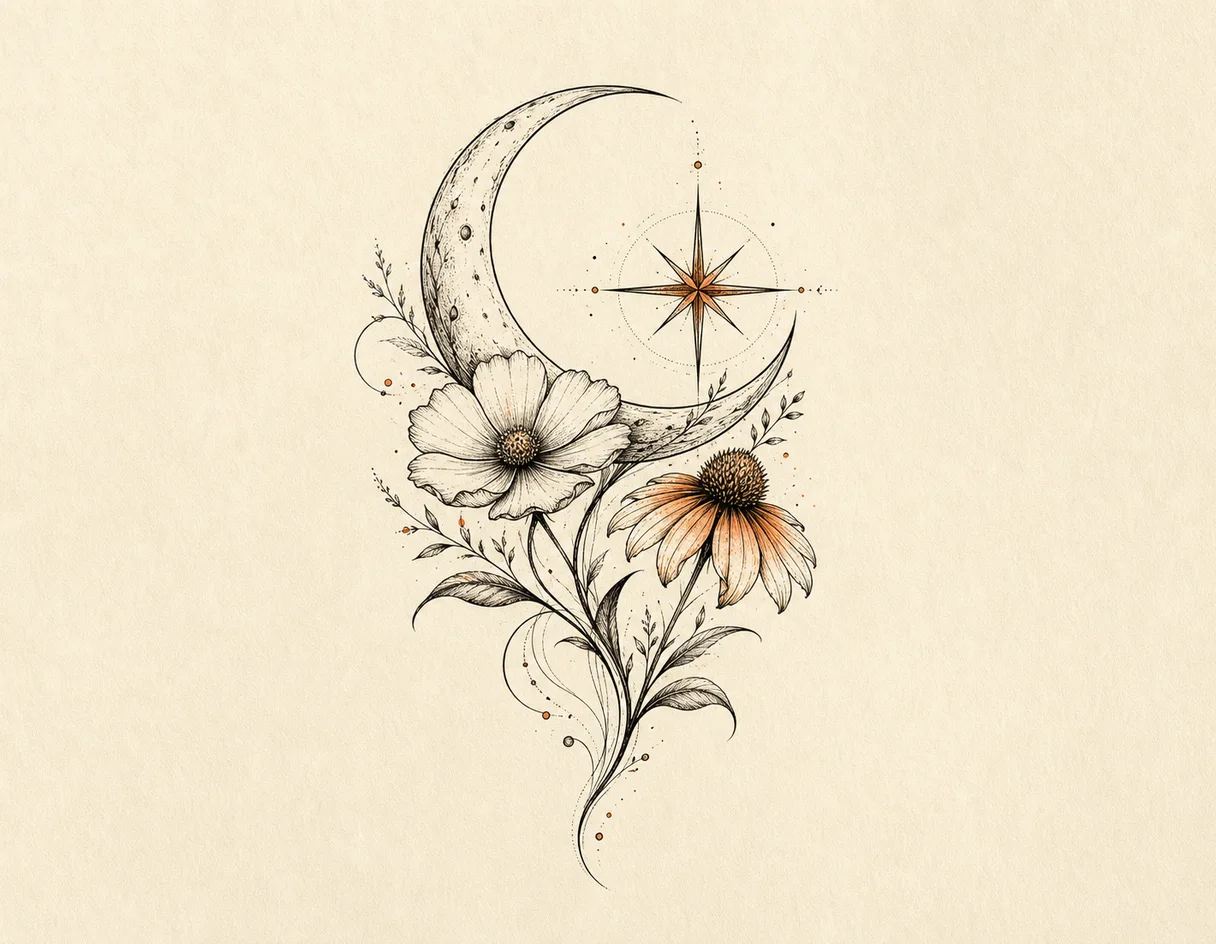 Tattoo concept sketch combining a crescent moon and wildflower motifs