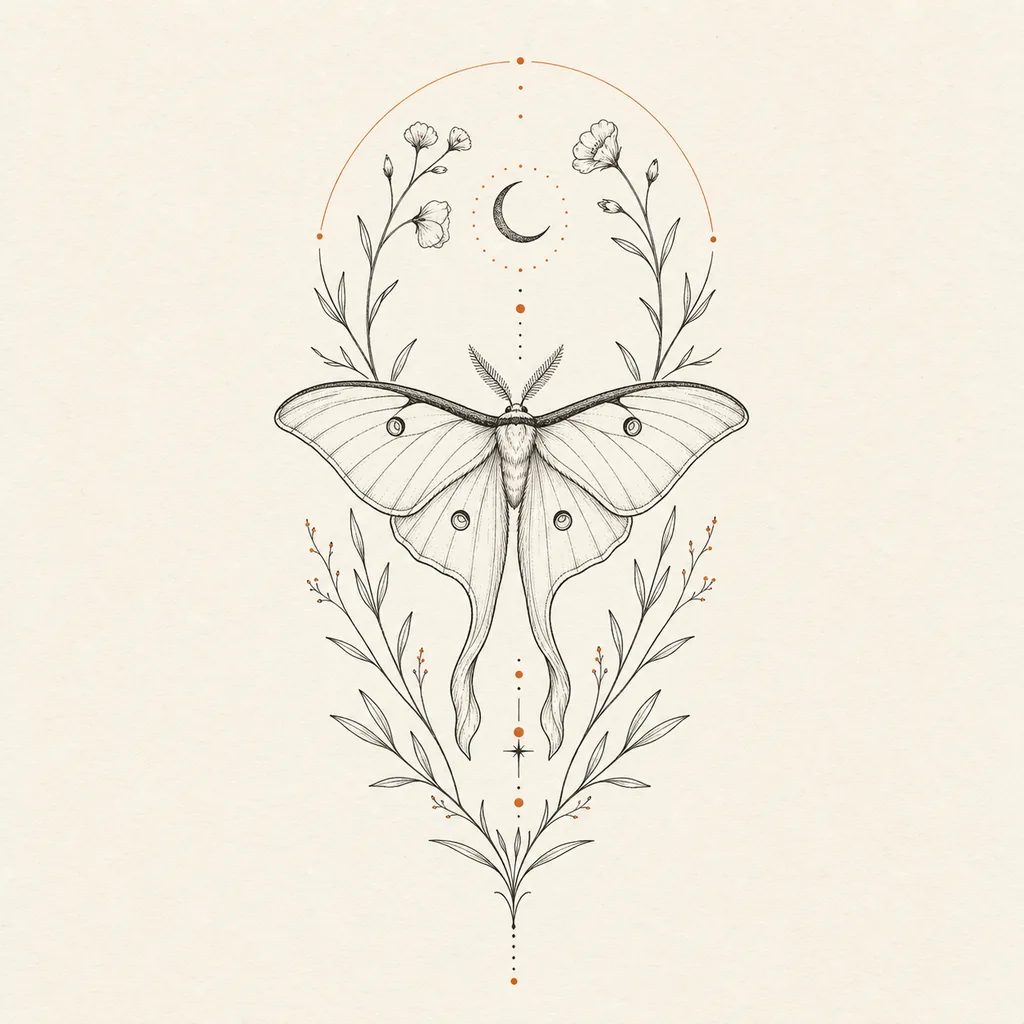 Fine-line lunar moth tattoo concept framed by delicate botanical stems