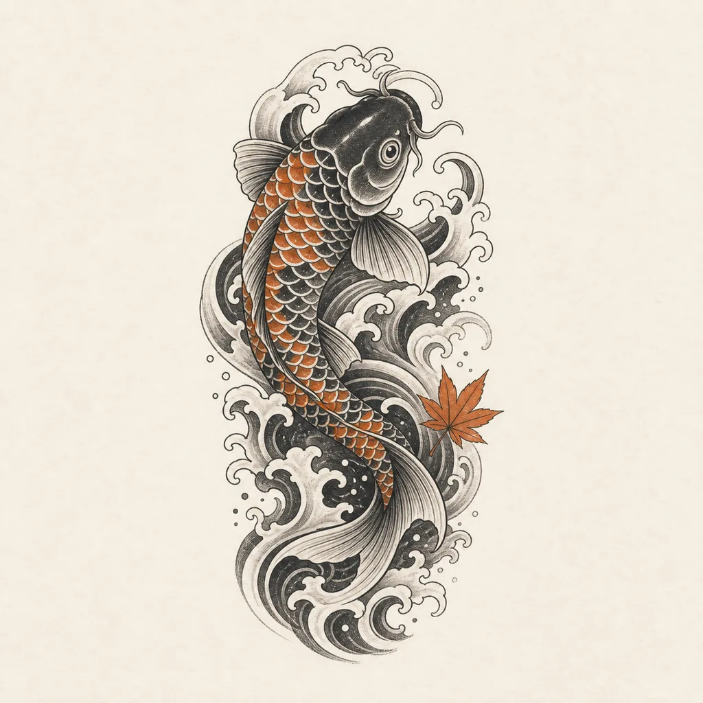 Japanese-inspired koi tattoo concept flowing through stylized waves and a maple leaf