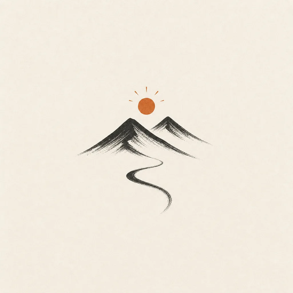 Minimalist mountain ridge tattoo concept with a burnt-orange rising sun