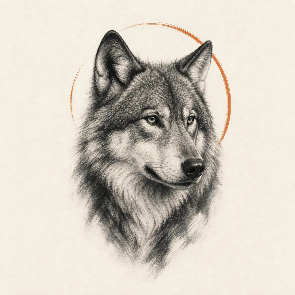 Black-and-grey realism wolf tattoo concept with a restrained burnt-orange halo