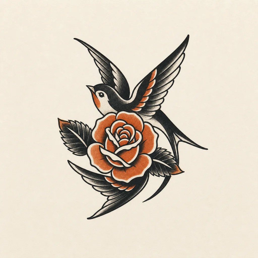 Traditional swallow and rose tattoo concept with burnt-orange accents