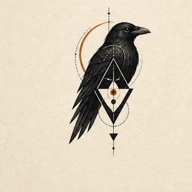 Bold blackwork raven and geometric tattoo motif